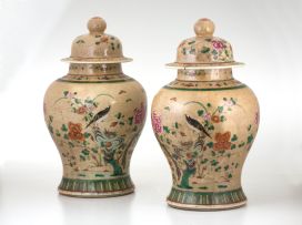 A pair of Chinese famille-verte jars and covers, late 19th century