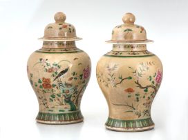 A pair of Chinese famille-verte jars and covers, late 19th century