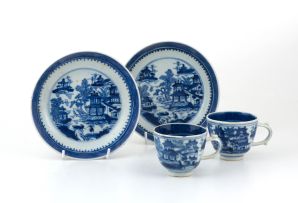 A pair of Chinese blue and white teacups and saucers, Qing Dynasty, mid-18th century