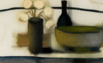 Pieter van der Westhuizen; Still Life with flowers, bottle and bowl