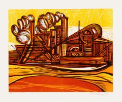 Cecil Skotnes; Mining, original woodblock and woodcut