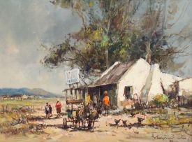 Christiaan Nice; Donkey Cart and Figures Outside a Shop