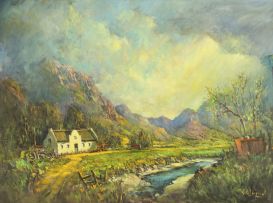 Gabriel de Jongh; Dam and Mountains with Cape Cottage