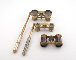 A pair of Spanish brass-mounted and abalone lorgnette opera glasses
