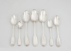 A pair of Russian silver Fiddle pattern dessert spoons, Ivan Yefimovich Konstantinov, Moscow, 1875-1882