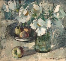 Irmin Henkel; Still Life with Iceland Poppies and Peaches