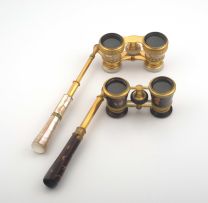 A pair of French gilt-metal-mounted and mother-of-pearl lorgnette opera glasses, Colmont Ft Paris, retailed by JS Lewis and Co, Ogden Utah