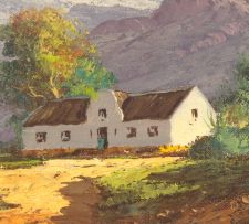 Gabriel de Jongh; Cape Dutch Cottages, Mountains Beyond