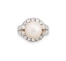 Diamond, pearl and platinum dress ring