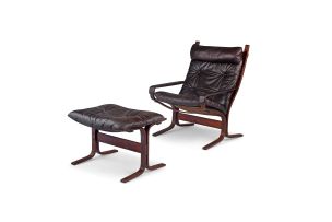 A Ingmar Relling 'Siesta' high back leather and stained beech armchair and ottoman, designed 1960s, manufactured by Westnofa, Norway