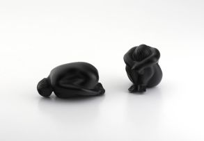 Two René Lalique black crystal crouching figurines, modern