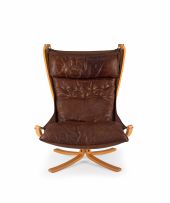 A Sigurd Resell birch plywood and brown leather lounge chair, designed 1974, manufactured by Vatne Mobler, Norway