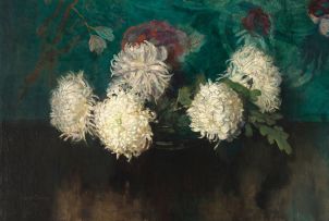 Frans Oerder; White Chrysanthemums in a Glass Bowl
