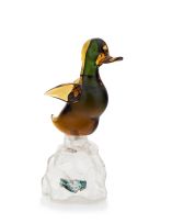 A Murano glass decanter with amber and green glass duck stopper, mid 20th century