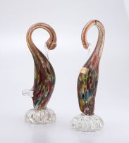 A pair of Murano multicoloured aventurine glass swans, 20th century