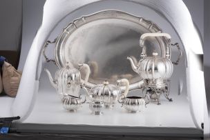A George VI seven-piece silver and ivory tea service, Mappin & Webb, Sheffield, 1945-1948
