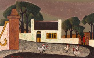 Diederick During; Five Roosters Outside a House