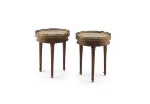A pair of Italian Brandt walnut and marble occasional tables