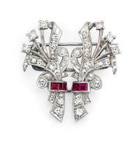 Pair of ruby and diamond earrings/brooch