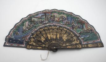 A Chinese Canton painted and lacquered fan, Qing Dynasty, circa 1880
