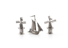A pair of Dutch silver miniature windmills, late 19th/early 20th century, .833 standard