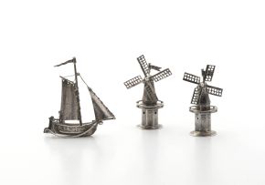 A pair of Dutch silver miniature windmills, late 19th/early 20th century, .833 standard