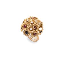 Gold, diamond, blue sapphire and ruby dress ring