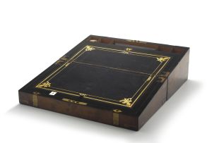 A Victorian simulated walnut and brass-bound travelling desk, 19th century