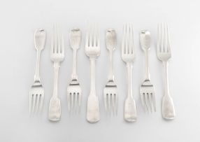 A set of seven Cape silver Fiddle pattern dessert forks, William Moore, mid-19th century