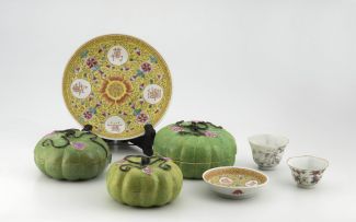 Three Chinese green glazed melon-shaped covered boxes