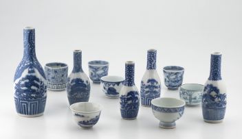 Five Japanese blue and white transfer-printed tokkuri, modern