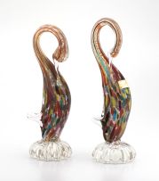 A pair of Murano multicoloured aventurine glass swans, 20th century