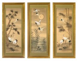 Three Japanese stitched and painted silk panels, Meiji period (1868-1912)