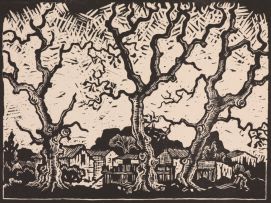 Gregoire Boonzaier; Three Oaks with Houses