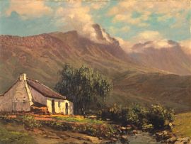 Tinus de Jongh; A Cottage in a Mountainous Landscape
