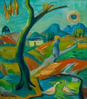 Maggie Laubser; Landscape with Figure and Ducks