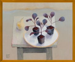 Susan Helm Davies; Still Life with Cabbage Seedlings and Pear
