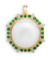 Emerald, mabé pearl and gold pendant