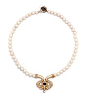 Cultured pearl, diamond and gold necklace
