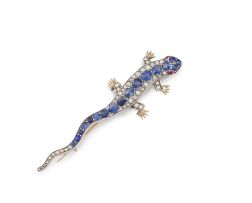 Victorian sapphire and seed-pearl salamander brooch