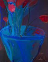 Robin Mann; Tulips in a Blue Vase