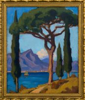 Maggie Laubser; Lake Scene with Trees and Mountains
