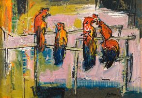 Walter Battiss; The Yellow Feather, recto; Six Roosters on a Fence, verso