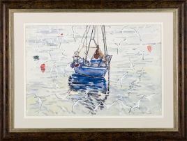 Richard Cheales; Blue Sailboat and Seagulls