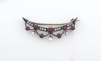 Victorian ruby, diamond and pearl half-crescent brooch