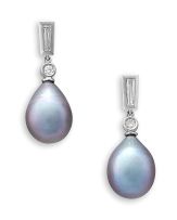 Pair of diamond and pearl pendant earrings
