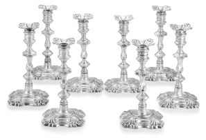 A set of eight George II cast silver candlesticks, William Gould, London, 1739