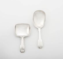 Two George III silver Fiddle pattern tea caddy spoons, Thomas Streetin, London, Joseph Willmore, Birmingham, 1819