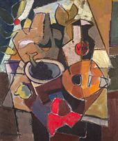 Hennie Niemann Snr; Abstract Still Life with Mandolin, Wine and Fruit