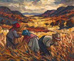 Hennie Niemann Snr; Three Harvesters in an Extensive Landscape II
